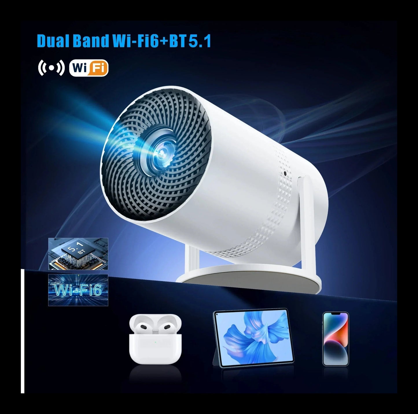 Salange P300 Mini Portable Projector - 4K 8K Video Decoding, 720P HD, Android 11, Wi-Fi, BT 5.1