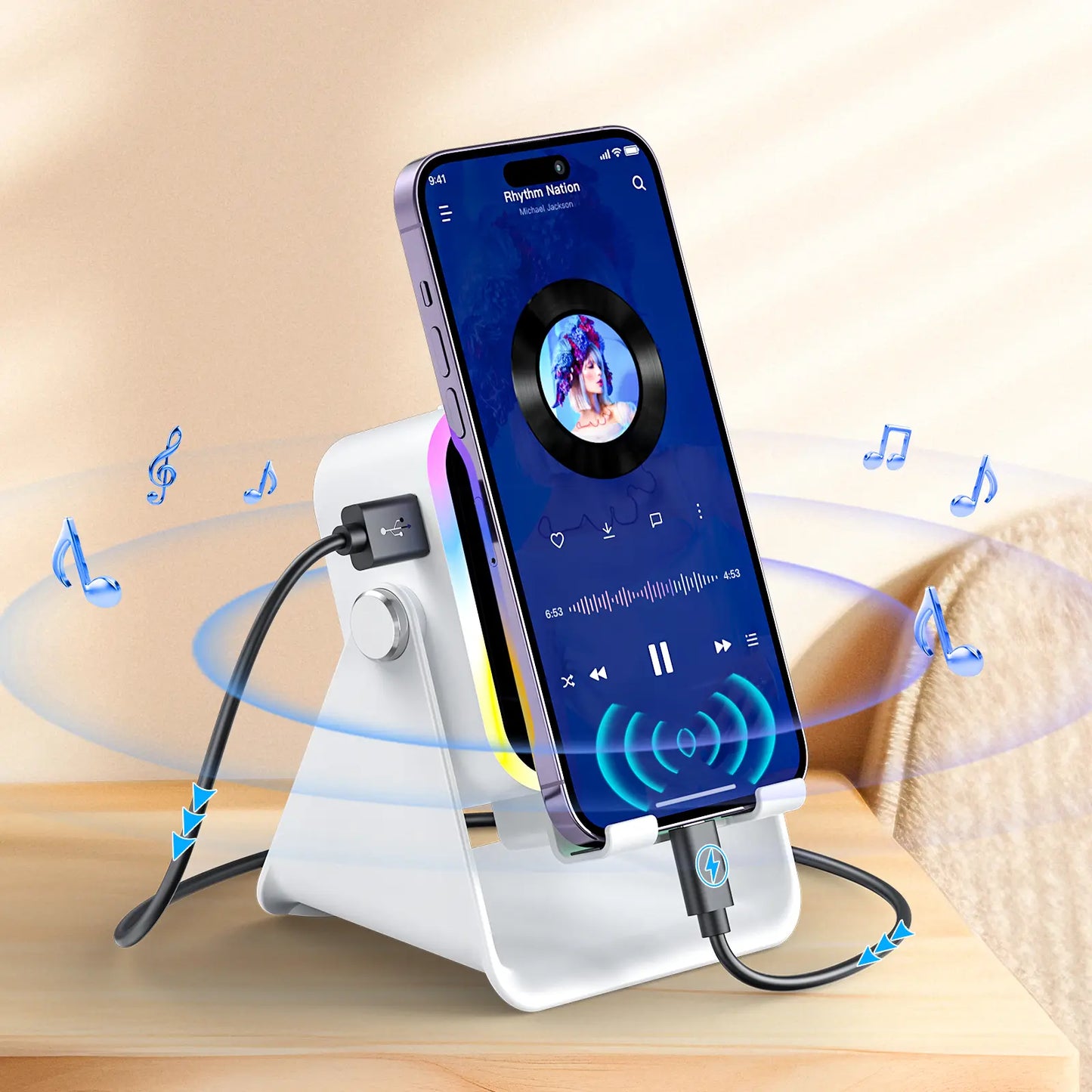 PUTARE Wireless Induction Audio Speaker Stand, 5In1 Cellphone Holder, 3500Mah Rechargeable Emergency Power Bank,360° Adjustable Mobile Tablet Stand with Colorful Ambient Light Gifts for Men Women Summerwins