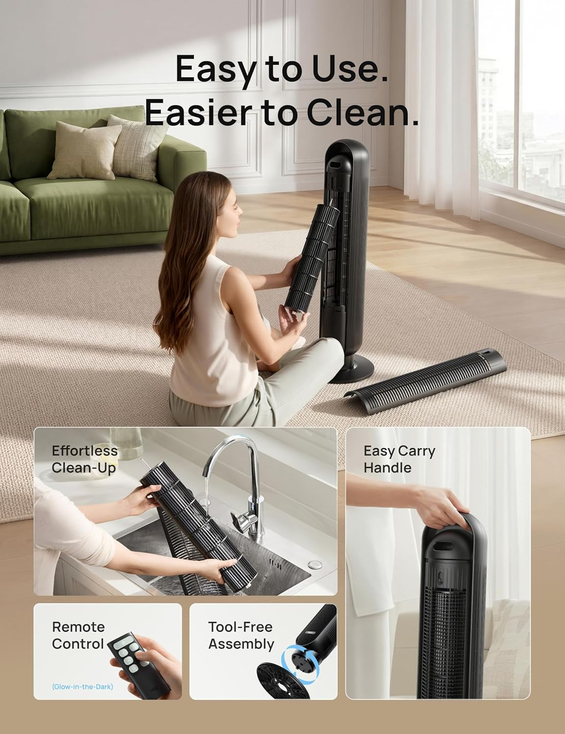 DREO Tower Fan for Bedroom, 2026 Upgraded DC Motor, 28Ft/S High Velocity, 20Db Ultra Quiet Standing Fan, 8 Speeds 4 Modes, 90° Oscillating Bladeless Fan for Indoors, Floor Fans with Remote, Black