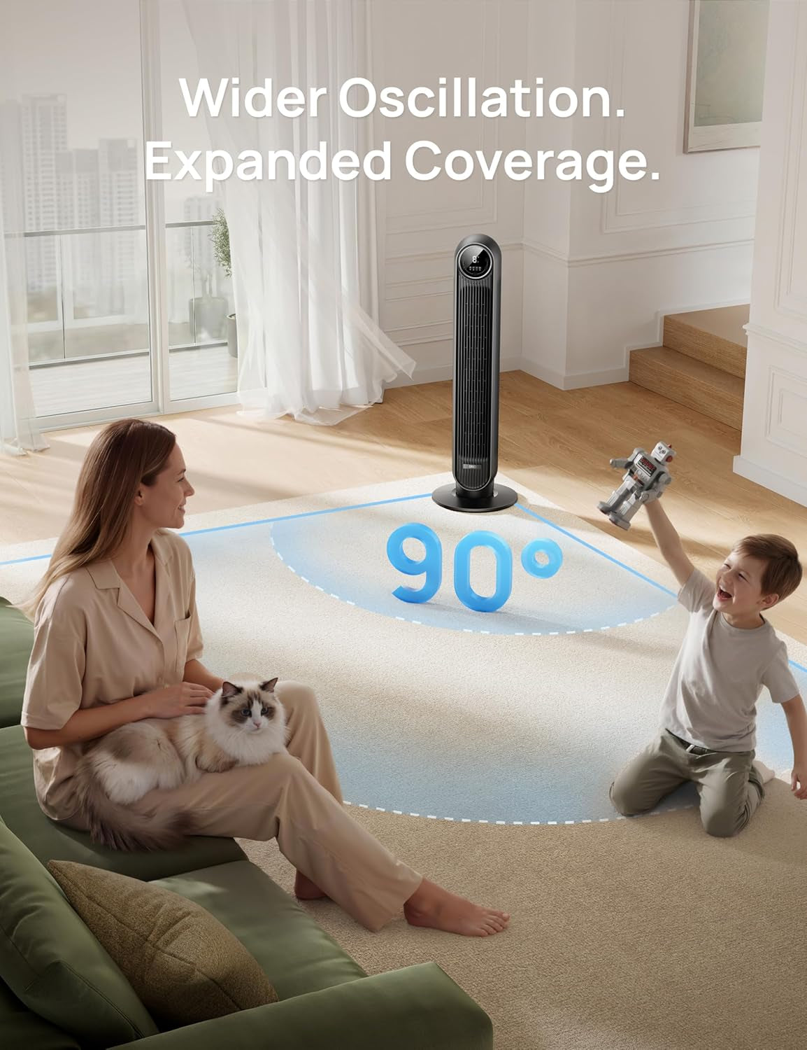 DREO Tower Fan for Bedroom, 2026 Upgraded DC Motor, 28Ft/S High Velocity, 20Db Ultra Quiet Standing Fan, 8 Speeds 4 Modes, 90° Oscillating Bladeless Fan for Indoors, Floor Fans with Remote, Black