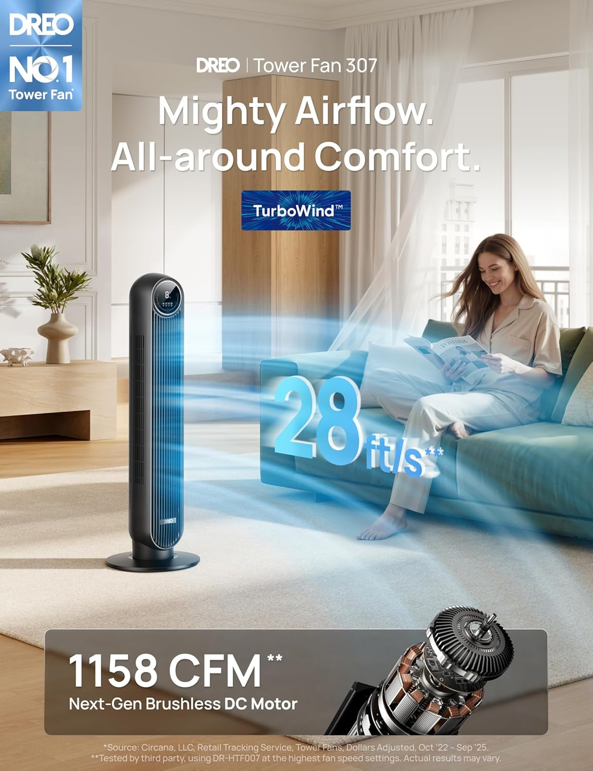 DREO Tower Fan for Bedroom, 2026 Upgraded DC Motor, 28Ft/S High Velocity, 20Db Ultra Quiet Standing Fan, 8 Speeds 4 Modes, 90° Oscillating Bladeless Fan for Indoors, Floor Fans with Remote, Black