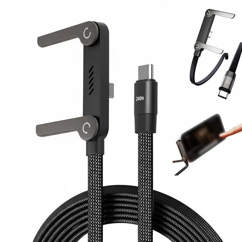 Invisible Holder Charger Cable with Stand, 240W Super Fast Charging 2-In-1 Fast Charging Cord & Phone Stand for Gaming, Office, Car Travel, Compatible with Type-C Charging Cable Black
