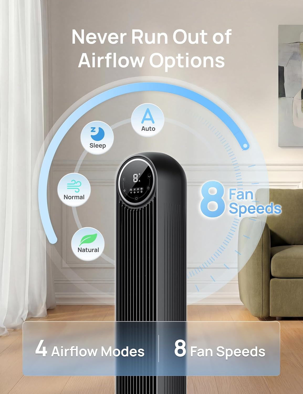 DREO Tower Fan for Bedroom, 2026 Upgraded DC Motor, 28Ft/S High Velocity, 20Db Ultra Quiet Standing Fan, 8 Speeds 4 Modes, 90° Oscillating Bladeless Fan for Indoors, Floor Fans with Remote, Black