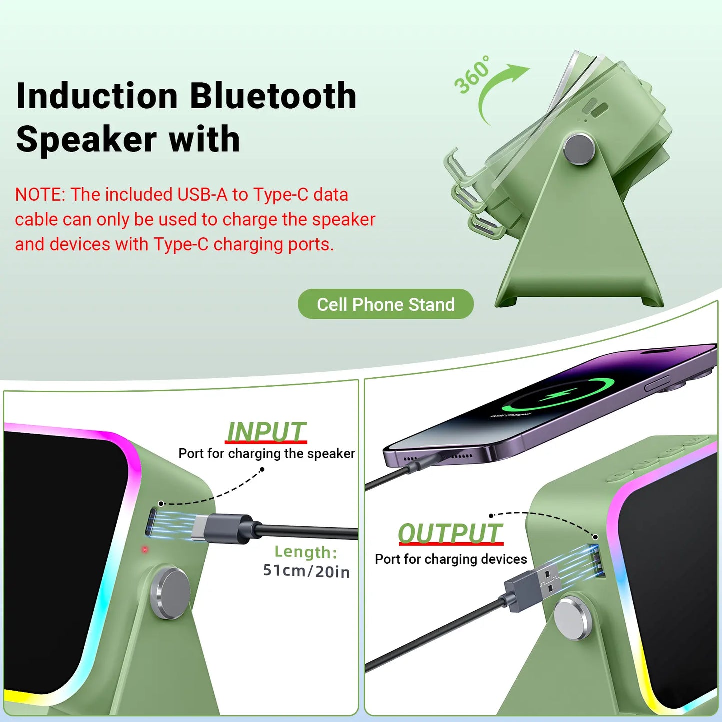 PUTARE Wireless Induction Audio Speaker Stand, 5In1 Cellphone Holder, 3500Mah Rechargeable Emergency Power Bank,360° Adjustable Mobile Tablet Stand with Colorful Ambient Light Gifts for Men Women Summerwins