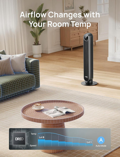 DREO Tower Fan for Bedroom, 2026 Upgraded DC Motor, 28Ft/S High Velocity, 20Db Ultra Quiet Standing Fan, 8 Speeds 4 Modes, 90° Oscillating Bladeless Fan for Indoors, Floor Fans with Remote, Black