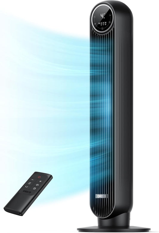 DREO Tower Fan for Bedroom, 2026 Upgraded DC Motor, 28Ft/S High Velocity, 20Db Ultra Quiet Standing Fan, 8 Speeds 4 Modes, 90° Oscillating Bladeless Fan for Indoors, Floor Fans with Remote, Black